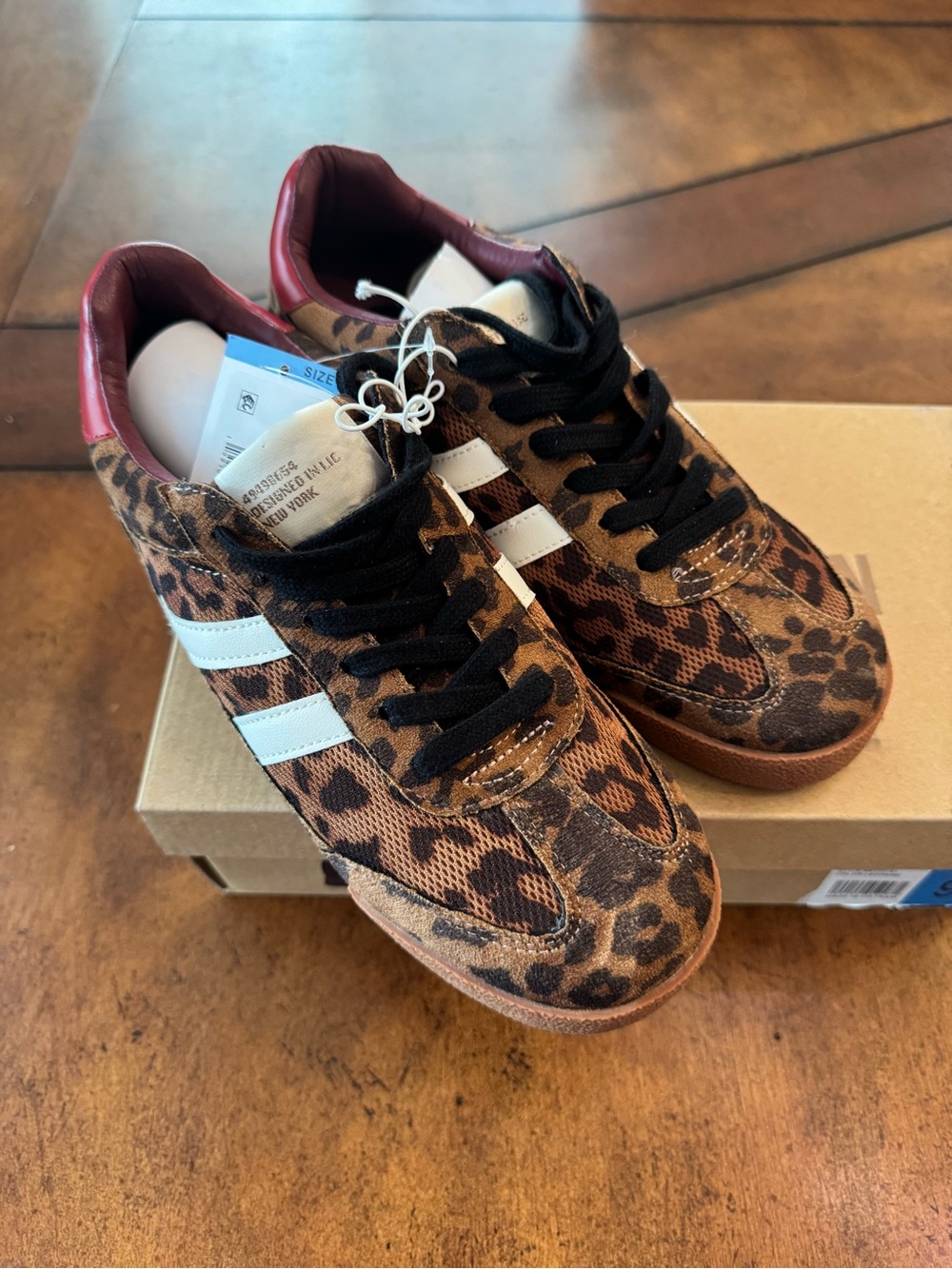 Steve Madden Leopard Print Sneakers with White Stripes and Burgundy Heel